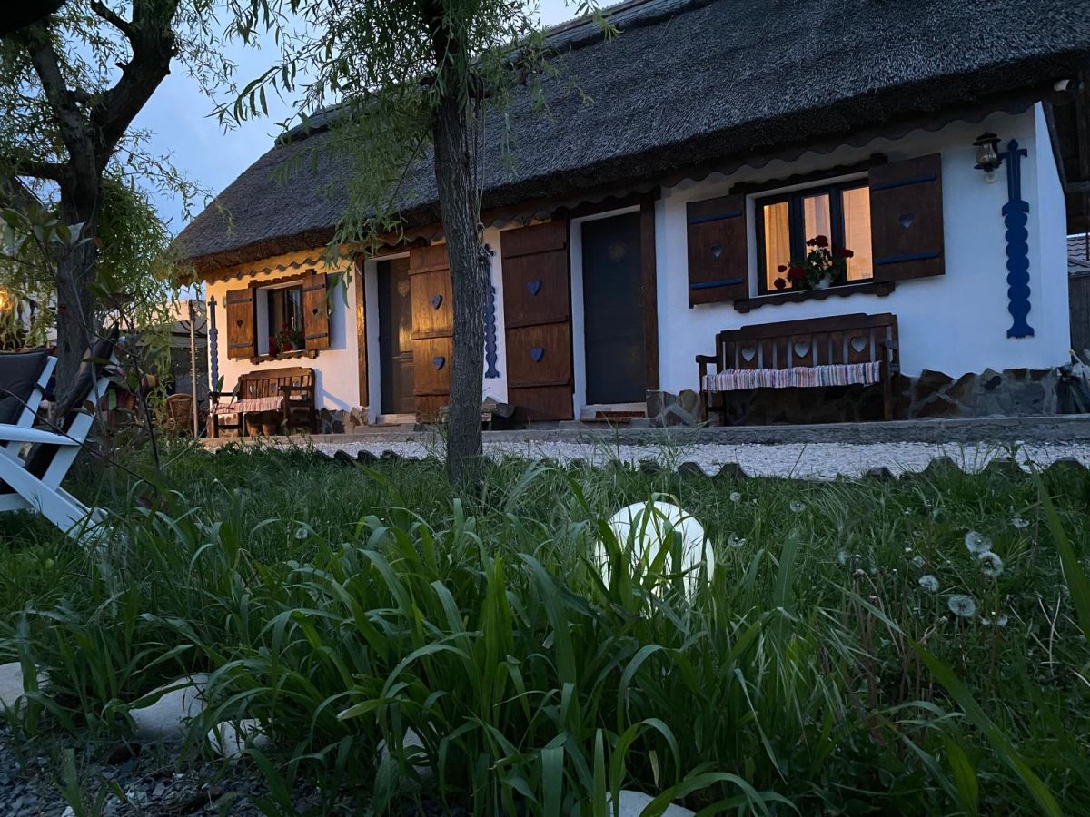 Vedere de noapte cu casa traditionala lipoveneasca cu acoperis de stuf